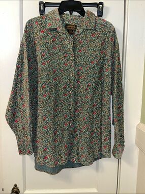 Vintage Eddie Bauer Green Floral Corduroy Button-Up Shirt